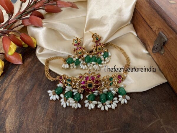 Rice pearls green drop choker