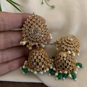 White stone green drops jhumkas