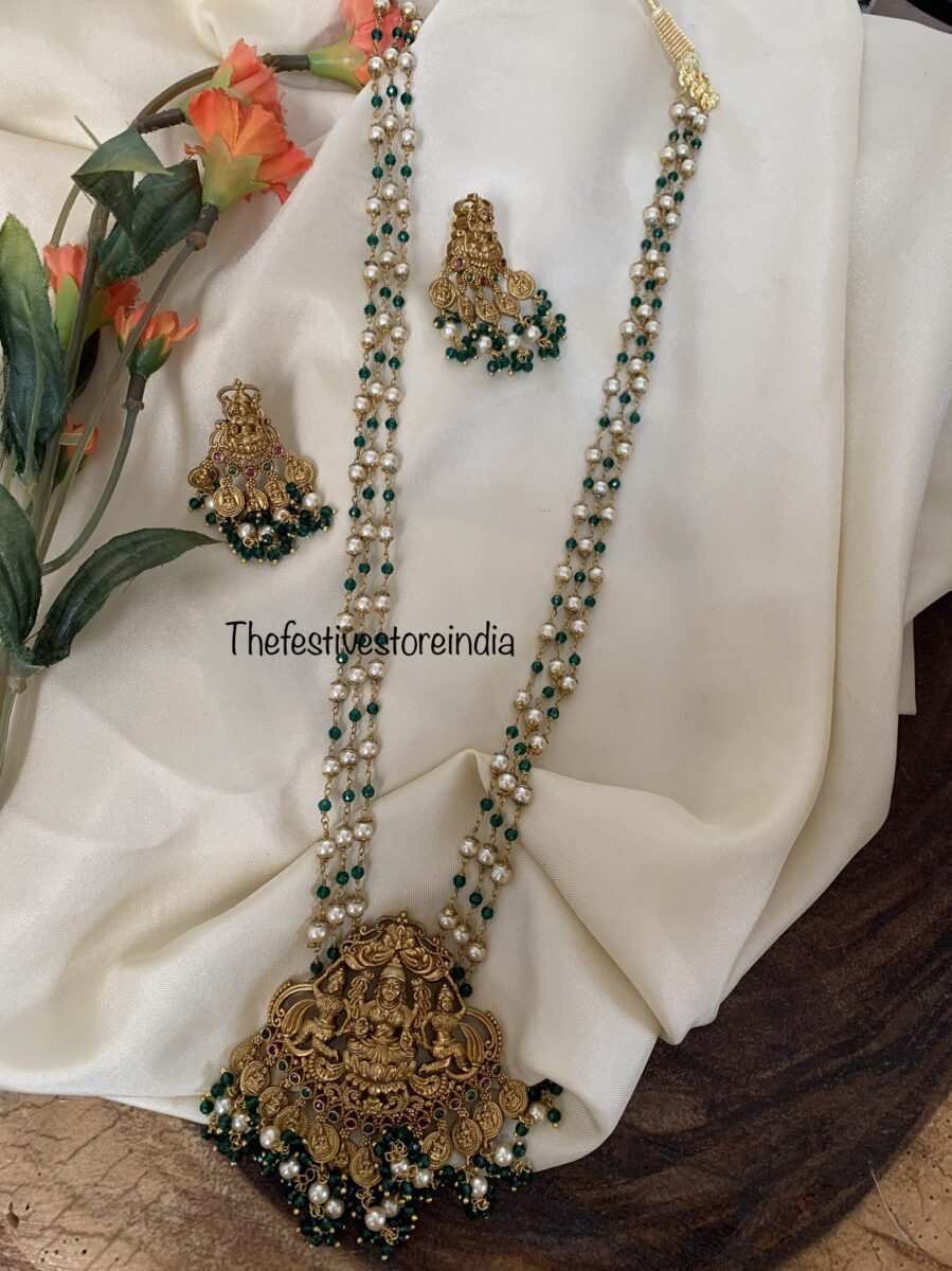 Antique polish green beads lakshmi haaram set