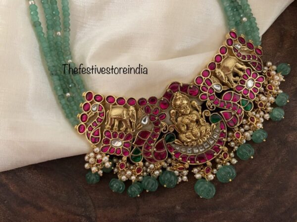 Green jadau lakshmi ambaari necklace with pumpkin bead drops