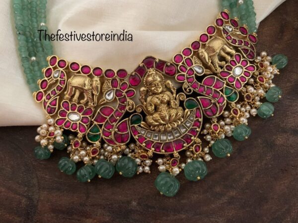 Green jadau lakshmi ambaari necklace with pumpkin bead drops