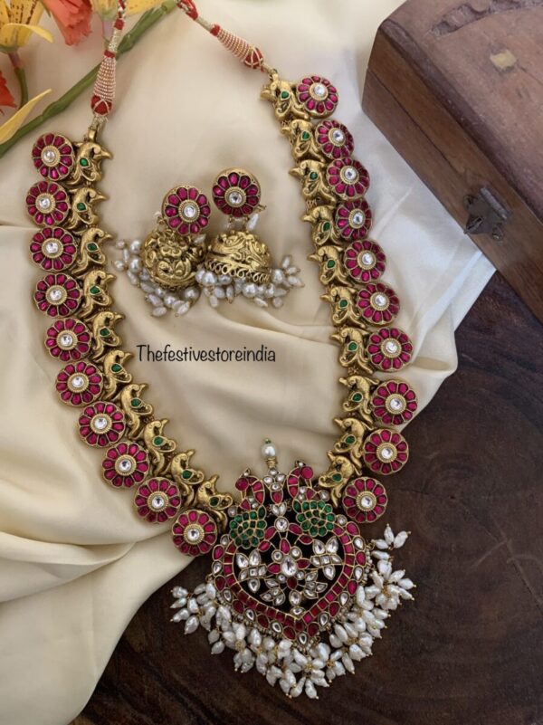 Made to order Jadau rice pearls mid length haaram set | Bridal temple jewelry