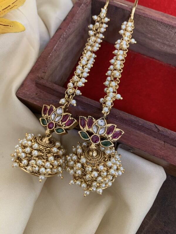 Cluster white pearl lotus jhumkas with straight maati