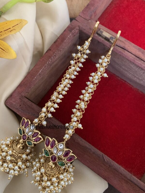 Cluster white pearl lotus jhumkas with straight maati