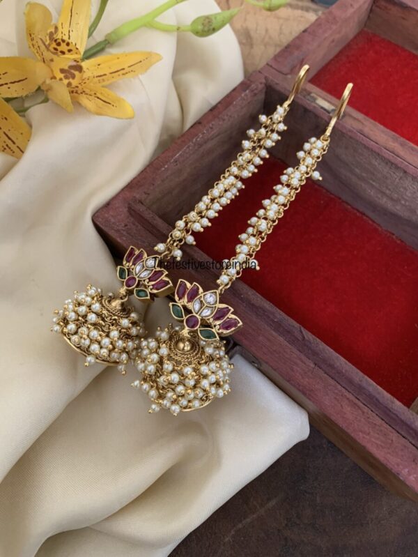 Cluster white pearl lotus jhumkas with straight maati