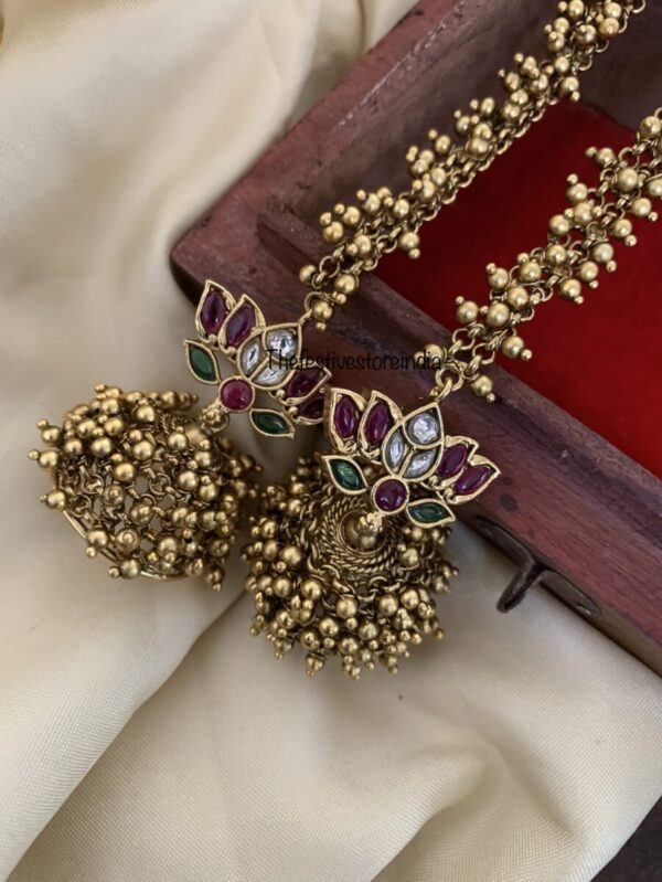 Cluster gold pearl lotus jhumkas with straight maati