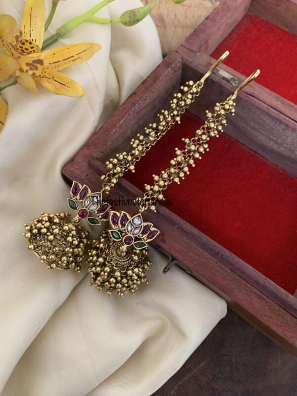 Cluster gold pearl lotus jhumkas with straight maati