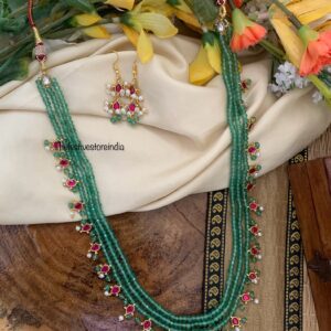 Green beads mid length jadau haaram set