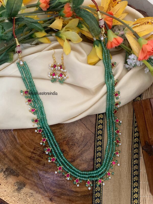 Green beads mid length jadau haaram set