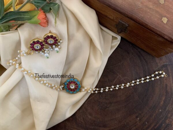 Mini Jadau Blue/Red pendant choker set
