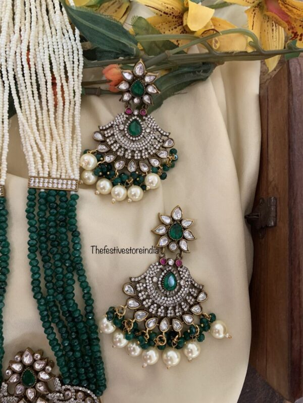 Green white pendant haaram set