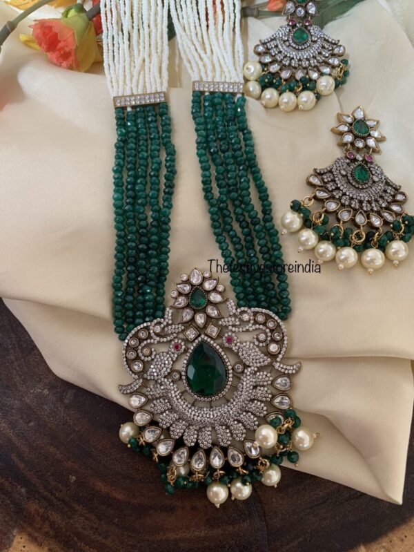 Green white pendant haaram set