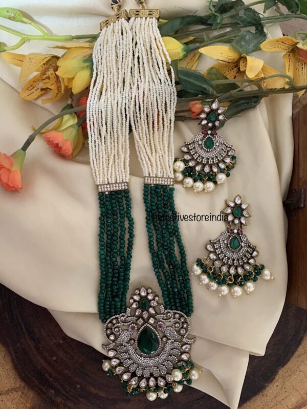 Green white pendant haaram set