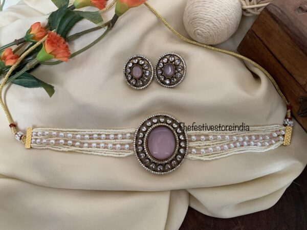 Victorian oval pink pendant choker set