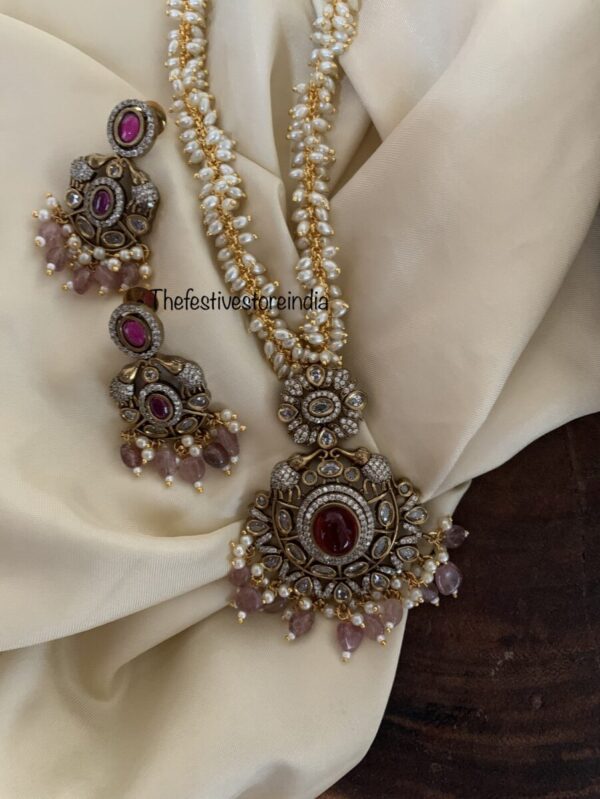 Pink pendant rice pearls Victorian haaram set
