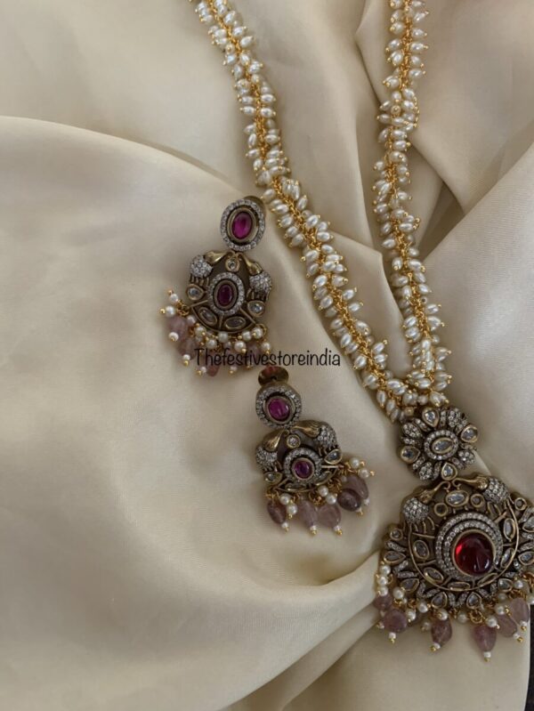 Pink pendant rice pearls Victorian haaram set