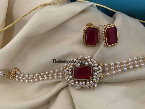 Ruby cluster pearl choker set