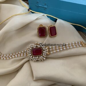 Ruby cluster pearl choker set