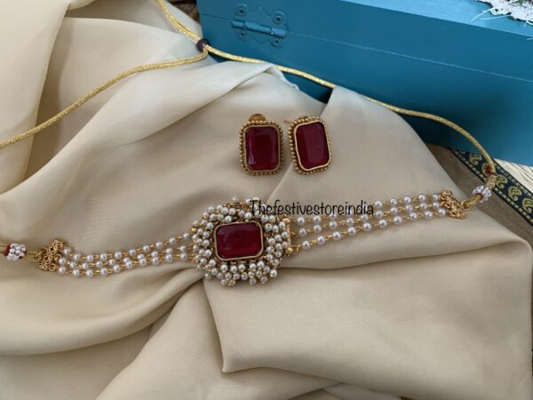 Ruby cluster pearl choker set