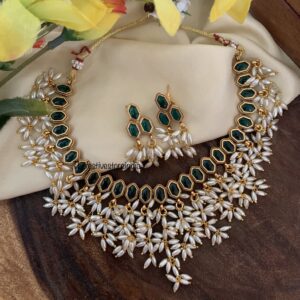 Fusion green stone rice pearls set