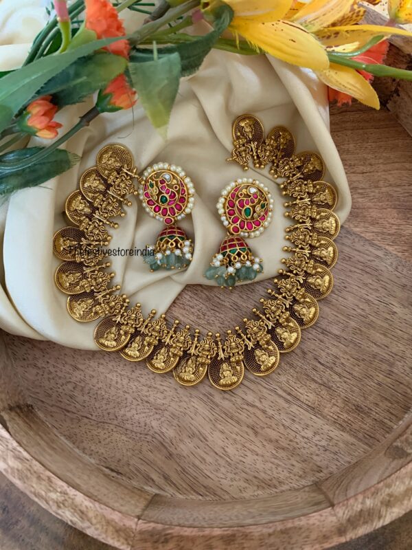 Jadau Kaasu navilu necklace with statement mint drops jhumkas
