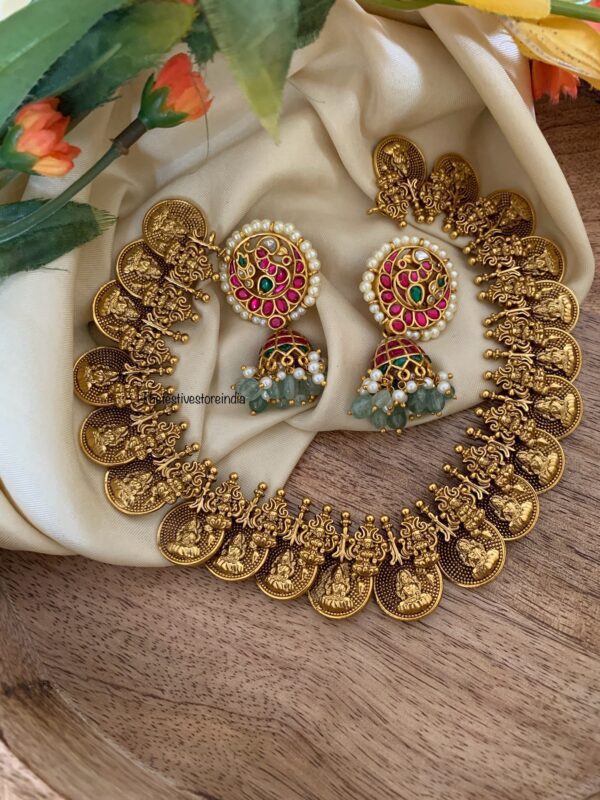Jadau Kaasu navilu necklace with statement mint drops jhumkas