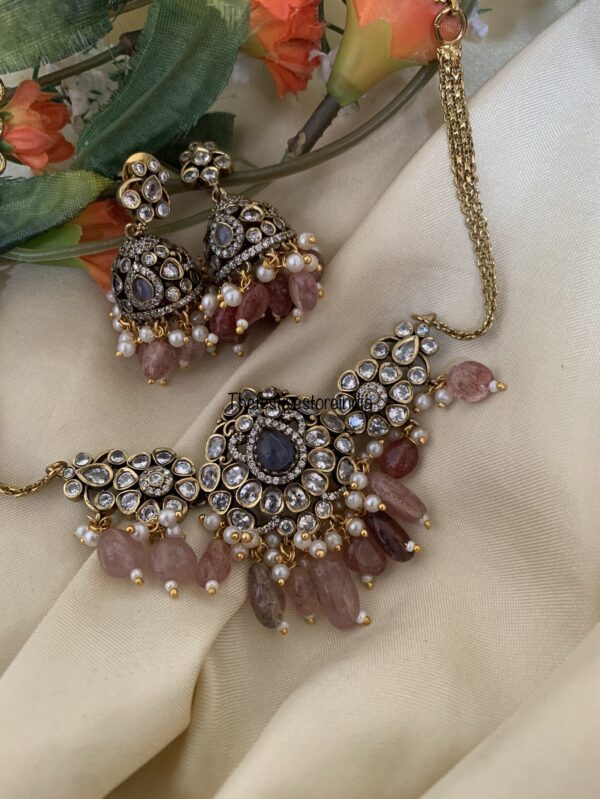 Budgeted Pink beads with contrast greyish purple stone victorian choker set