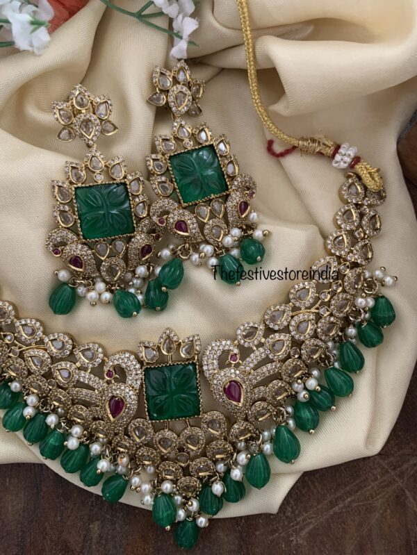 Budgeted green drops AD bridal high-neck necklace set