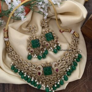 Budgeted green drops AD bridal high-neck necklace set