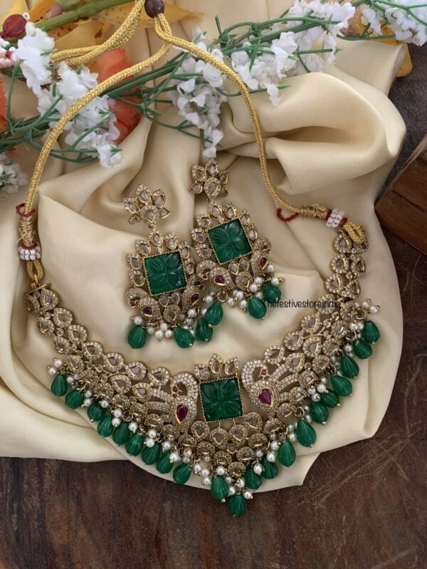 Budgeted green drops AD bridal high-neck necklace set