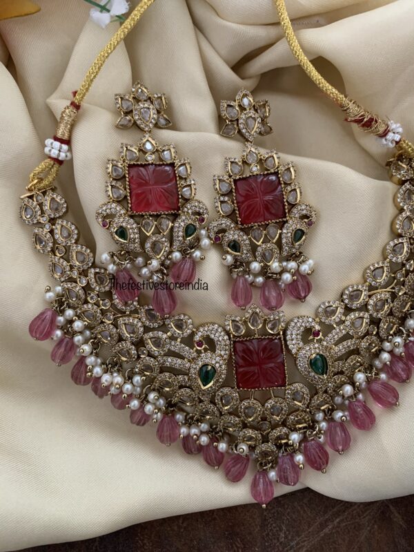 Budgeted pink drops AD bridal high-neck necklace set
