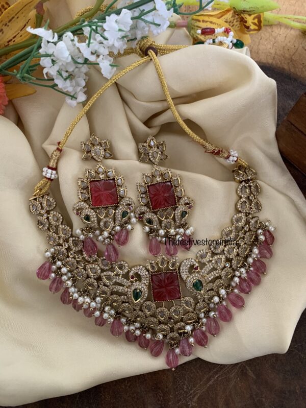 Budgeted pink drops AD bridal high-neck necklace set
