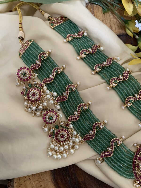 Grand Bridal round pendant green beads haaram set