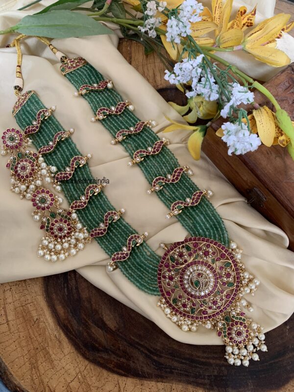Grand Bridal round pendant green beads haaram set