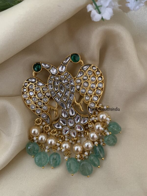 Jadau unisex all white pastel green drops Gandaberunda pendant | Royal groom jewellery