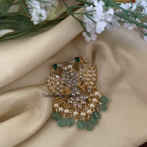 Jadau unisex all white pastel green drops Gandaberunda pendant | Royal groom jewellery