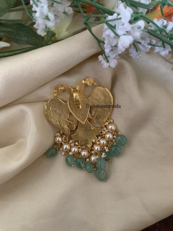 Jadau unisex all white pastel green drops Gandaberunda pendant | Royal groom jewellery