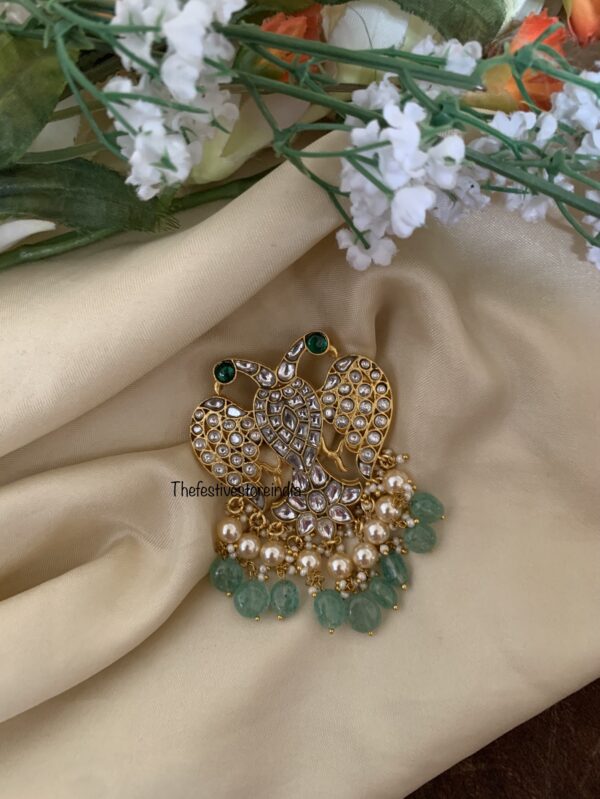 Jadau unisex all white pastel green drops Gandaberunda pendant | Royal groom jewellery