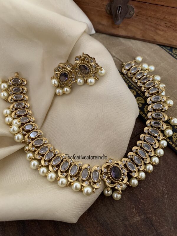 Greyish purple stone kundan pearls necklace set