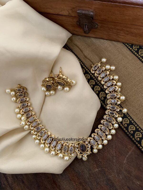 Greyish purple stone kundan pearls necklace set