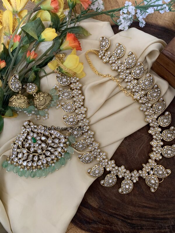 Jadau All white mint drops detachable pendant mango haaram set