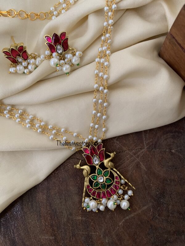 Jadau peacock lotus pearl chain set