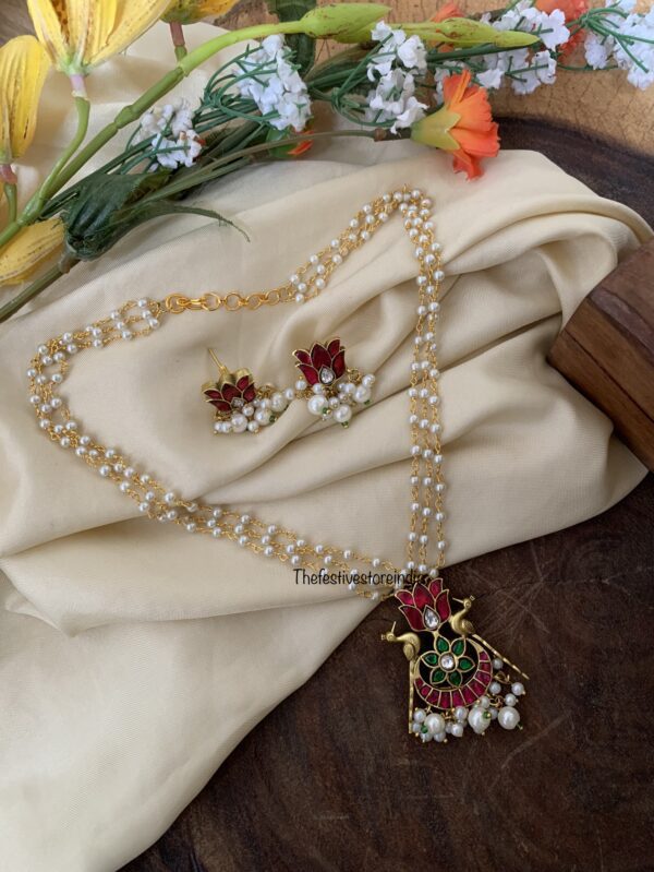 Jadau peacock lotus pearl chain set