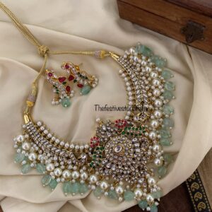 Jadau bridal all white pastel green drops kanti set mint