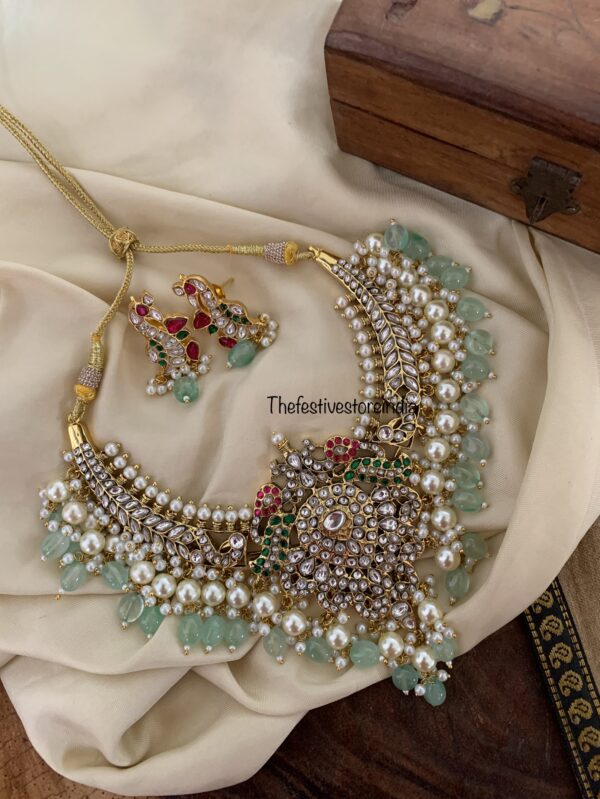 Jadau bridal all white pastel green drops kanti set mint