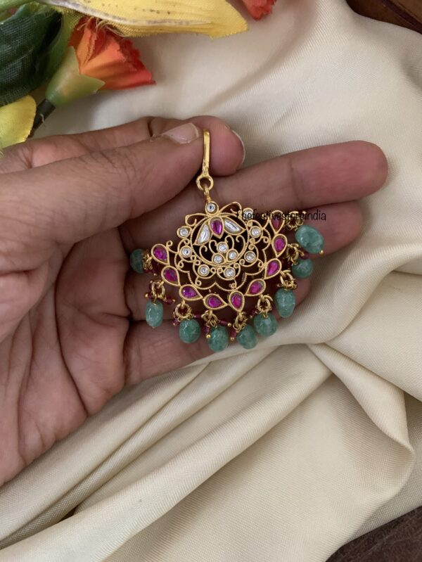 Jadau hook style pastel green drops maangtikka