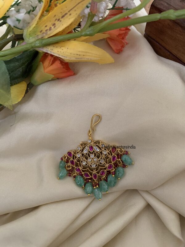 Jadau hook style pastel green drops maangtikka