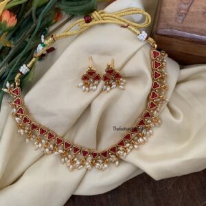 Budgeted red stone rice pearls necklace set