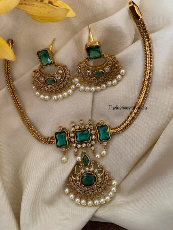 Green / Emerald stone chandbali necklace set