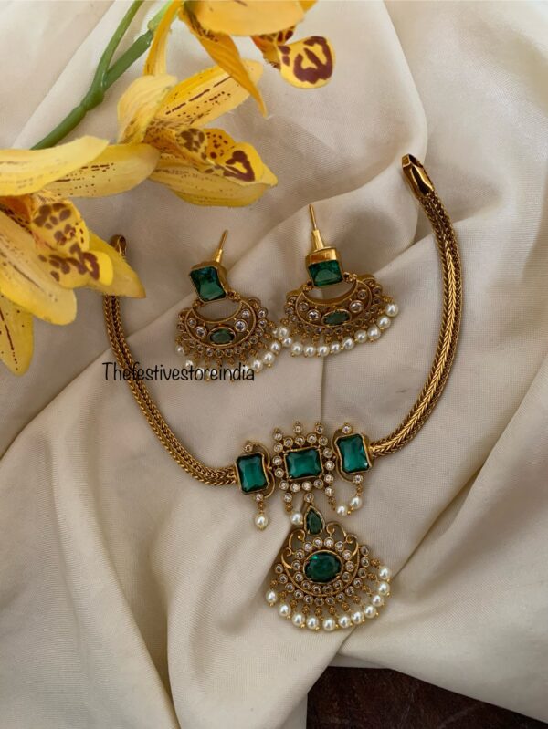 Green / Emerald stone chandbali necklace set
